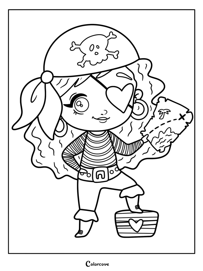 A cute girl pirate wearing a skull bandana and heart-shaped eyepatch holding a treasure map, coloring page.