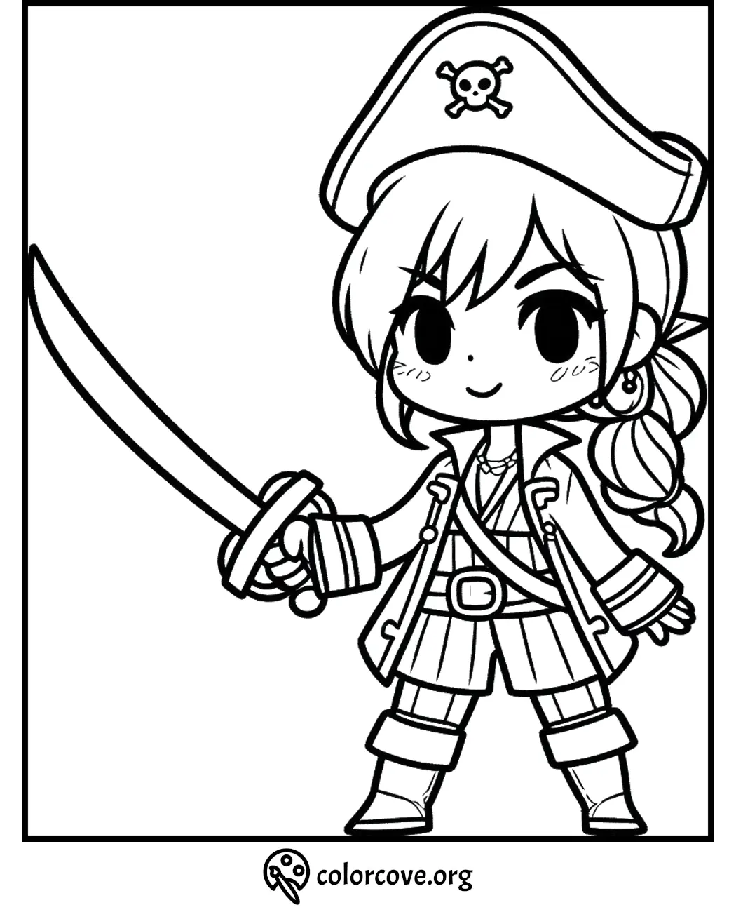 Cute pirate character coloring page, featuring a detailed pirate outfit and sword, perfect for kids' activities.