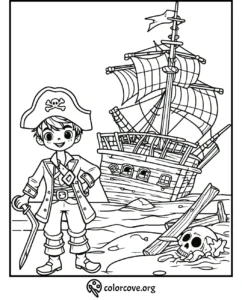 Pirate coloring page for kids featuring a pirate boy with a sword next to a shipwreck on the shore.