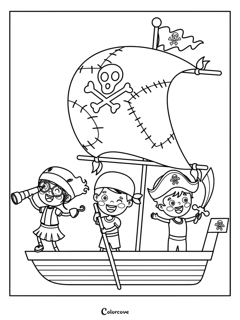 Three children dressed as pirates on a wooden boat with a skull and crossbones sail, one using a telescope, one holding an oar, and one wielding a sword in this coloring page.