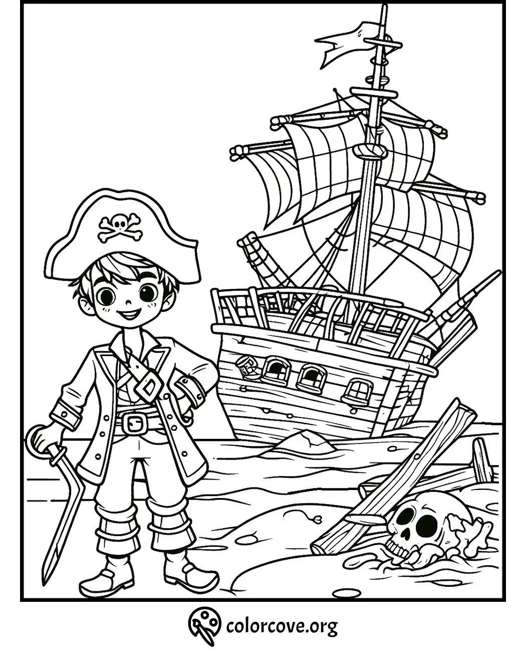 Pirate coloring page for kids featuring a pirate boy with a sword next to a shipwreck on the shore.