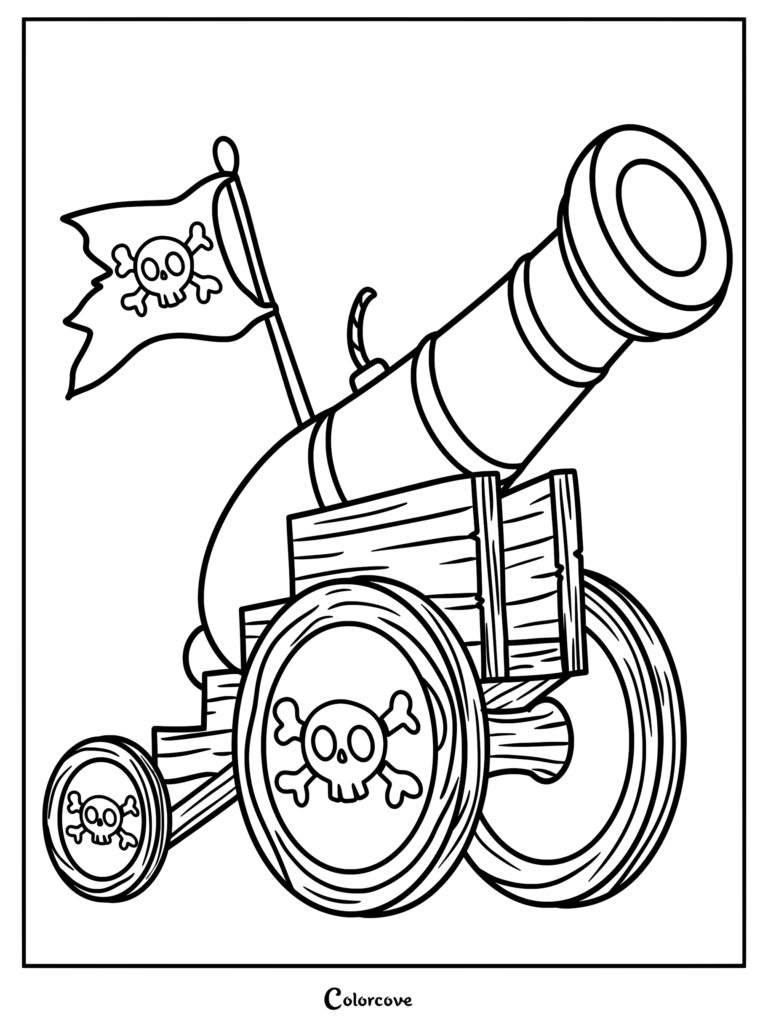 A pirate cannon coloring page featuring a wooden carriage with skull and crossbones emblems and a matching Jolly Roger flag.