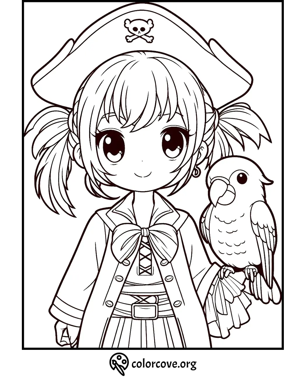 Coloring page of a cute girl pirate with a parrot on her shoulder, free printable from colorcove.org.