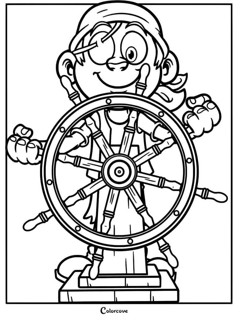 A cartoon pirate with an eyepatch and bandana steering a large wooden ship wheel, printable coloring page.