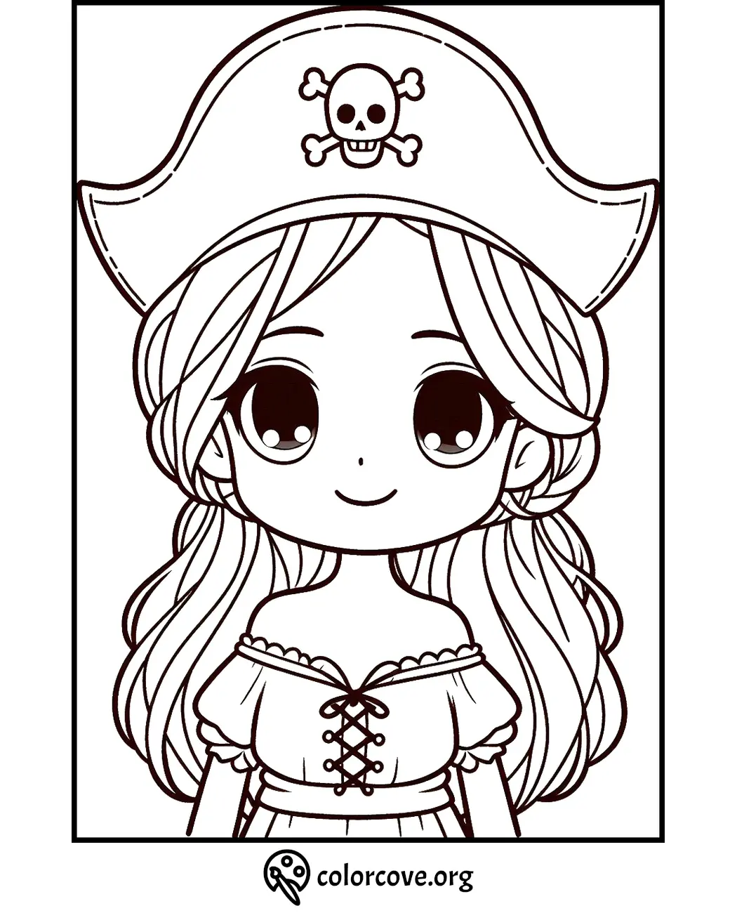 Cute pirate girl coloring page with large eyes, wearing a skull hat and off-shoulder top. Free printable from colorcove.org.