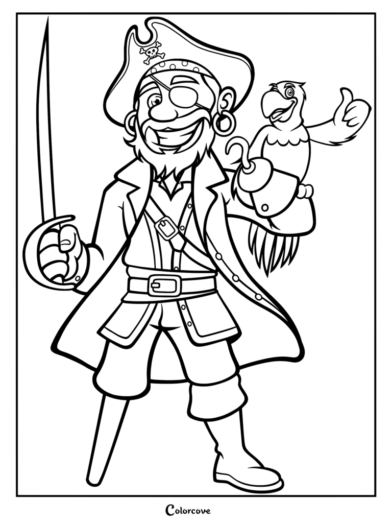 A pirate captain with an eyepatch, peg leg, and sword holding a parrot on his hook hand in this printable coloring page.