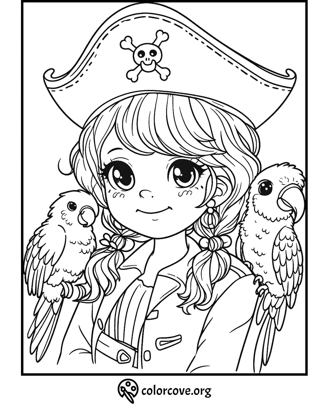 Pirate girl coloring page with two parrots. Fun activity for kids. Printable and free from colorcove.org.