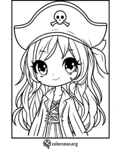 Cute anime girl pirate coloring page for kids featuring large eyes, detailed hair, and pirate hat with skull emblem.