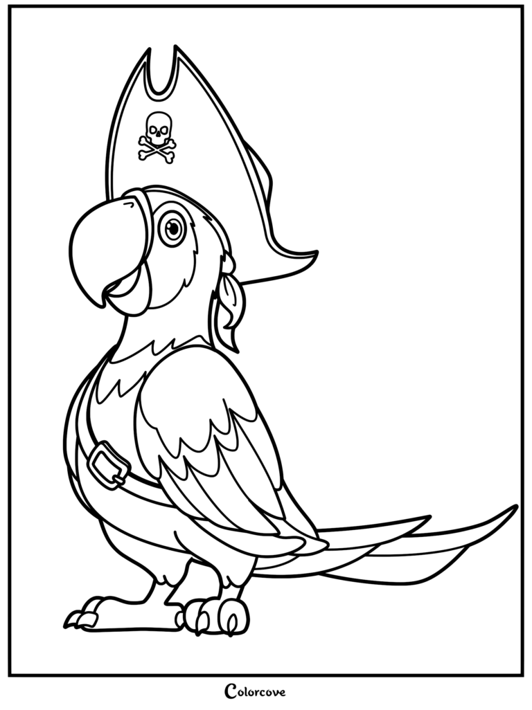 A friendly parrot wearing a skull and crossbones pirate hat and a shoulder strap, featured on a printable coloring page.