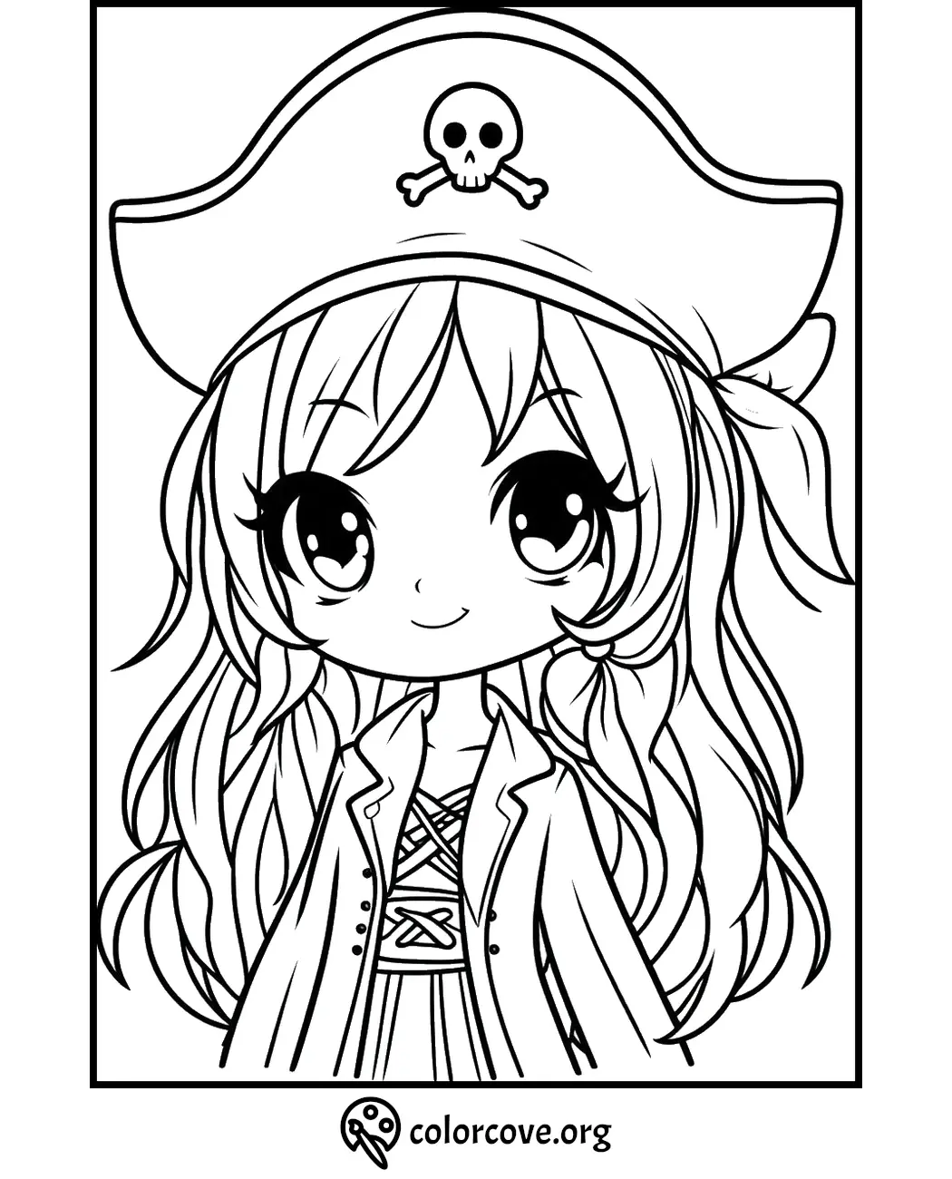 Cute anime girl pirate coloring page for kids featuring large eyes, detailed hair, and pirate hat with skull emblem.