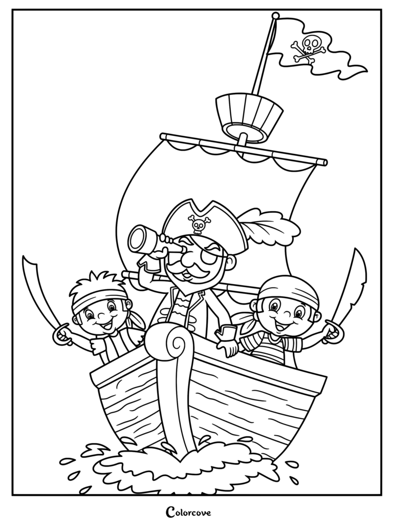 A pirate captain with a telescope and two young pirates holding swords on a ship, coloring page.
