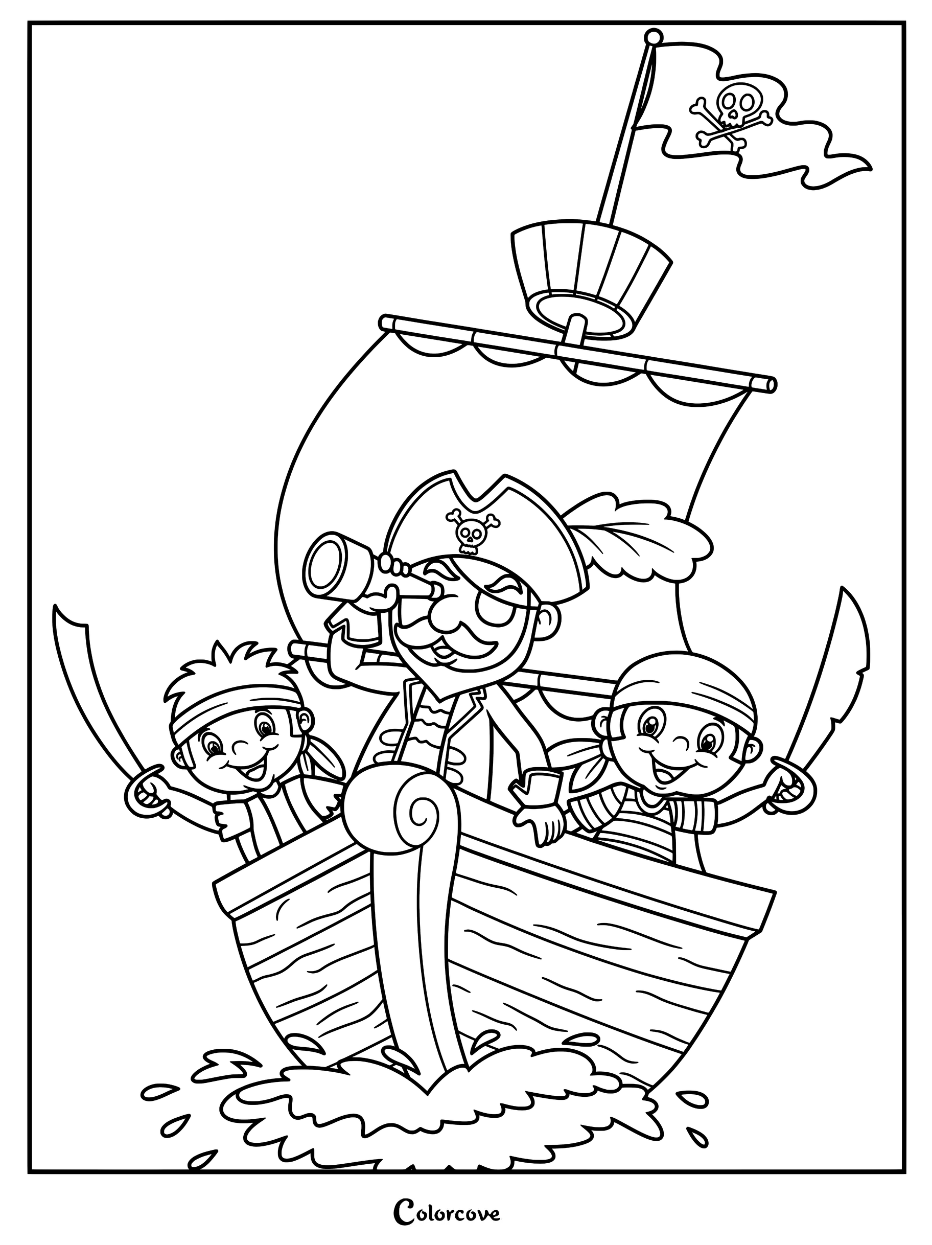 A pirate captain with a telescope and two young pirates holding swords on a ship, coloring page.