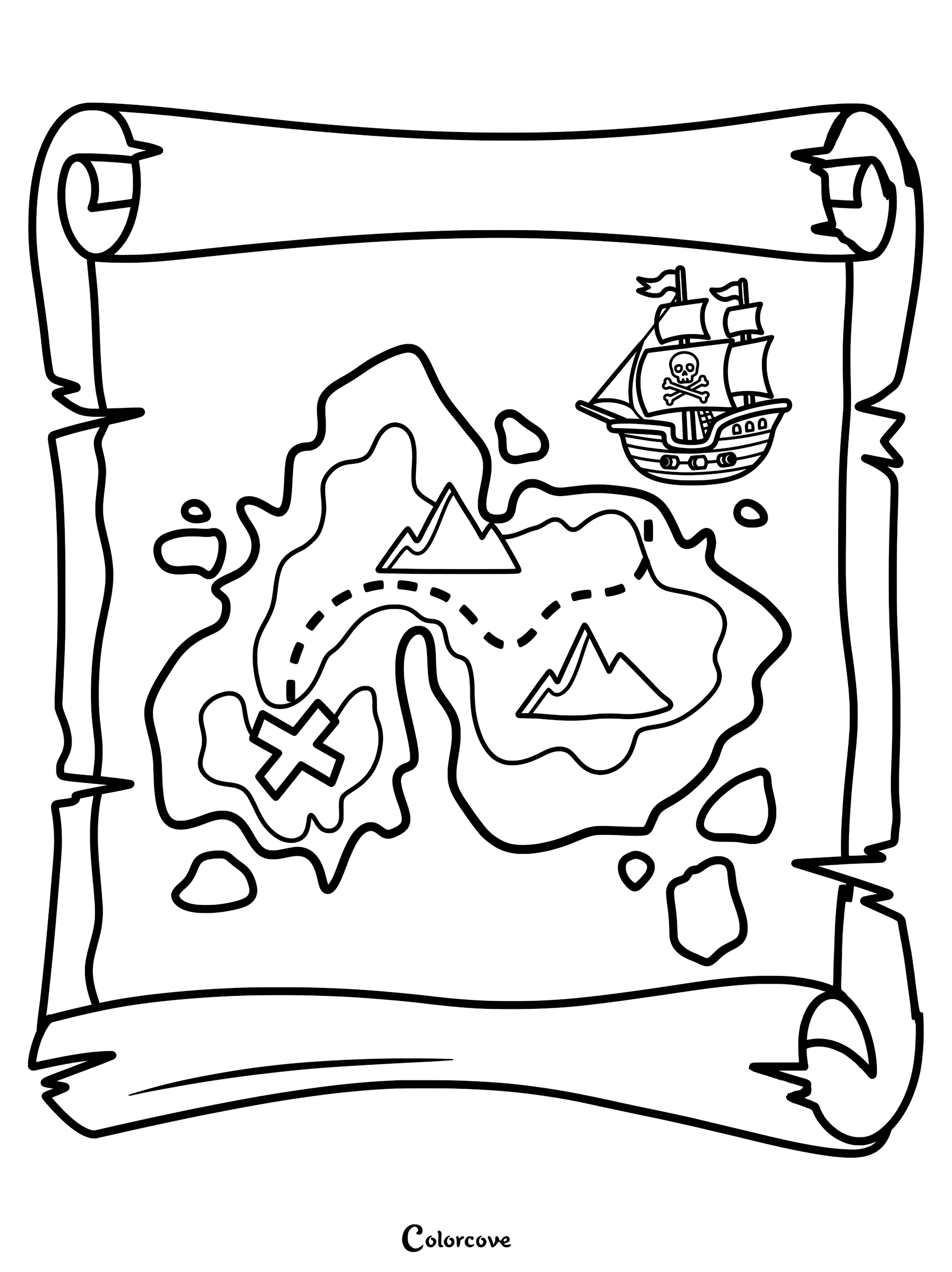 A printable pirate treasure map coloring page featuring a dotted path, mountains, a large X marking the spot, and a pirate ship with a skull and crossbones flag.