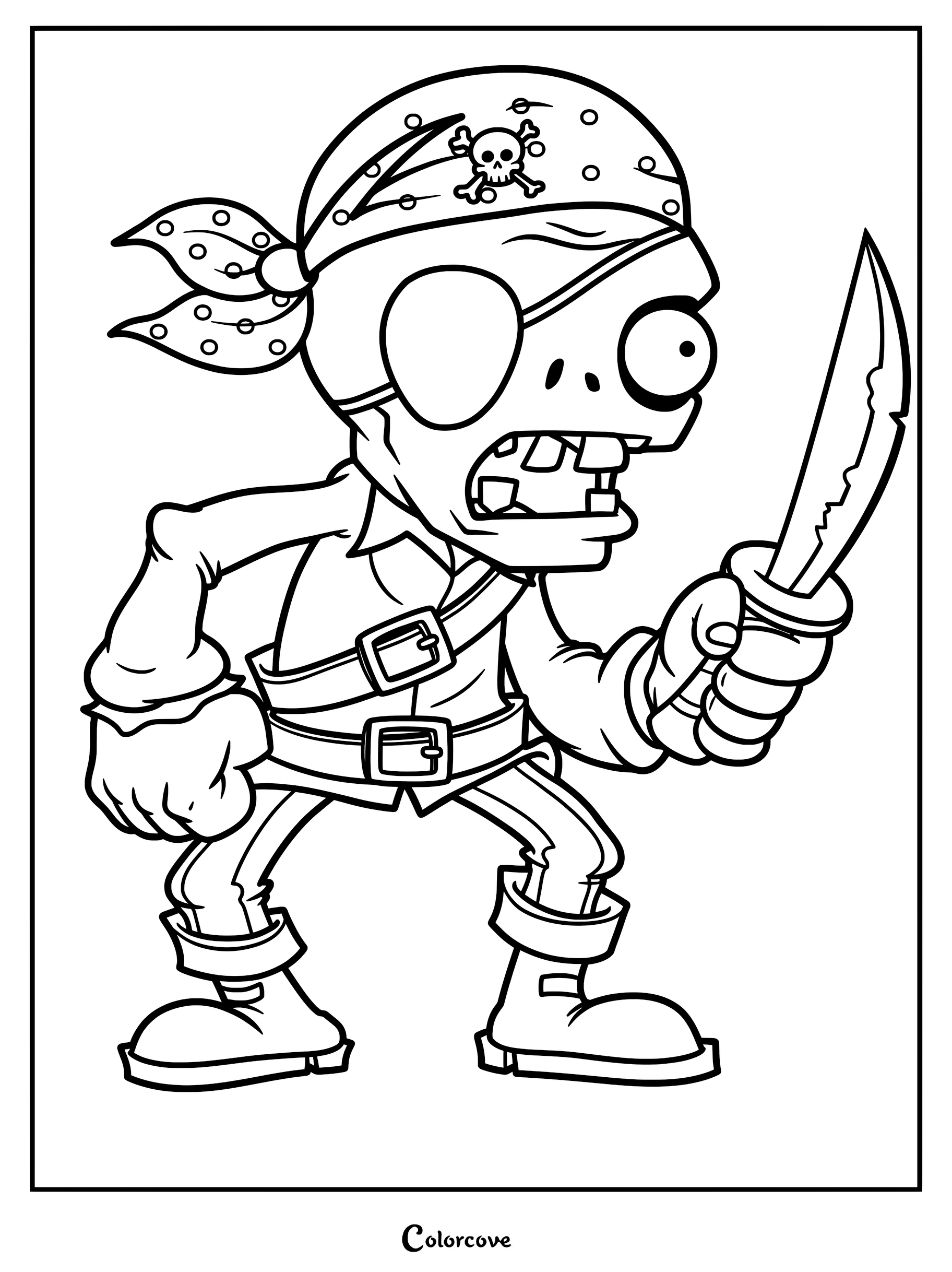 Pirate Zombie from Plants vs. Zombies wearing a skull bandana and eye patch holding a cutlass coloring page