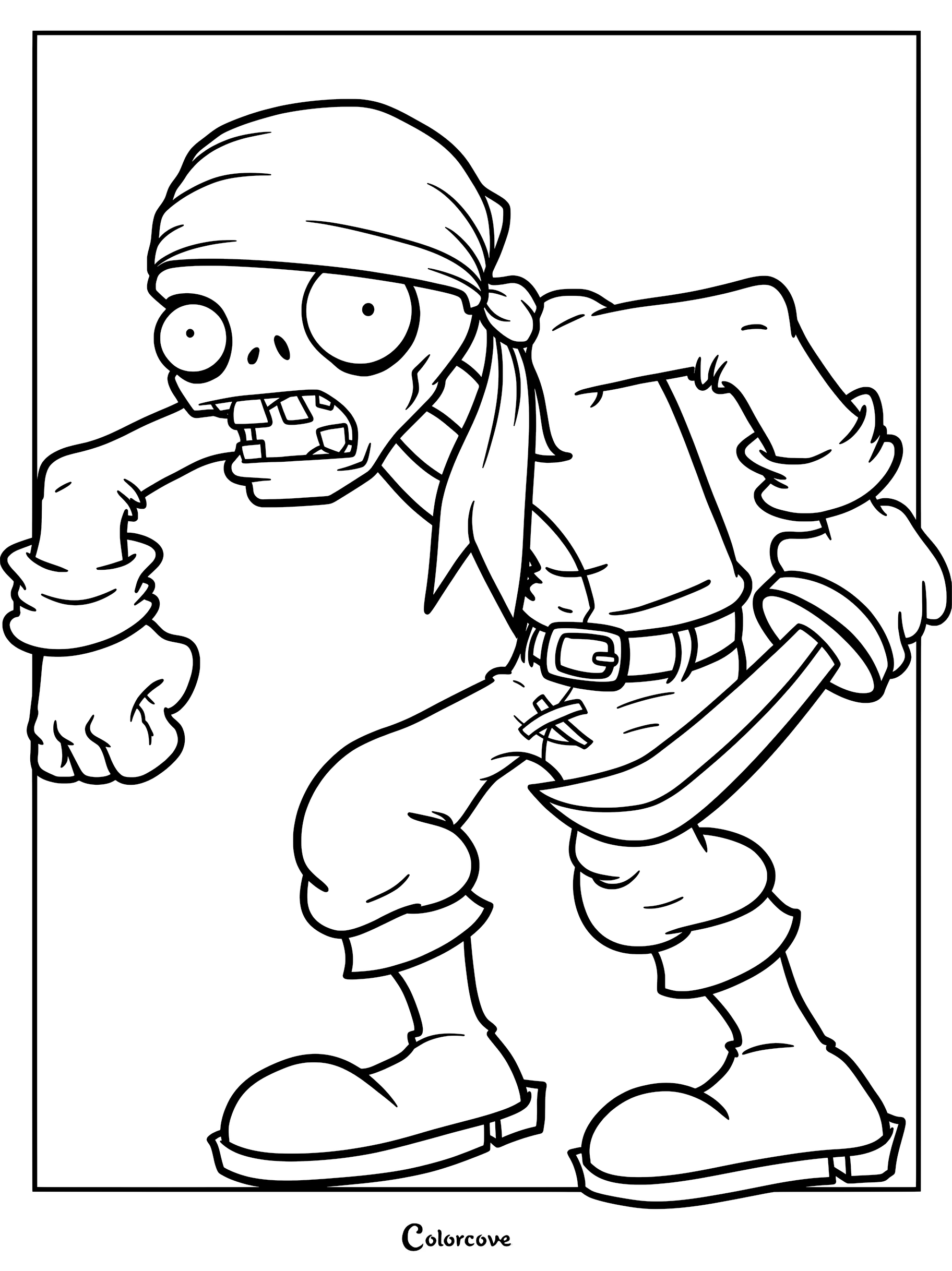 Plants vs. Zombies Pirate Zombie coloring page featuring a zombie wearing a bandana and holding a cutlass sword.