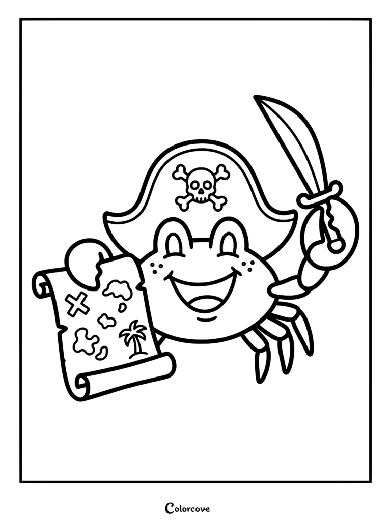 A happy cartoon crab wearing a skull and crossbones pirate hat, holding a treasure map and a sword in this printable coloring page.
