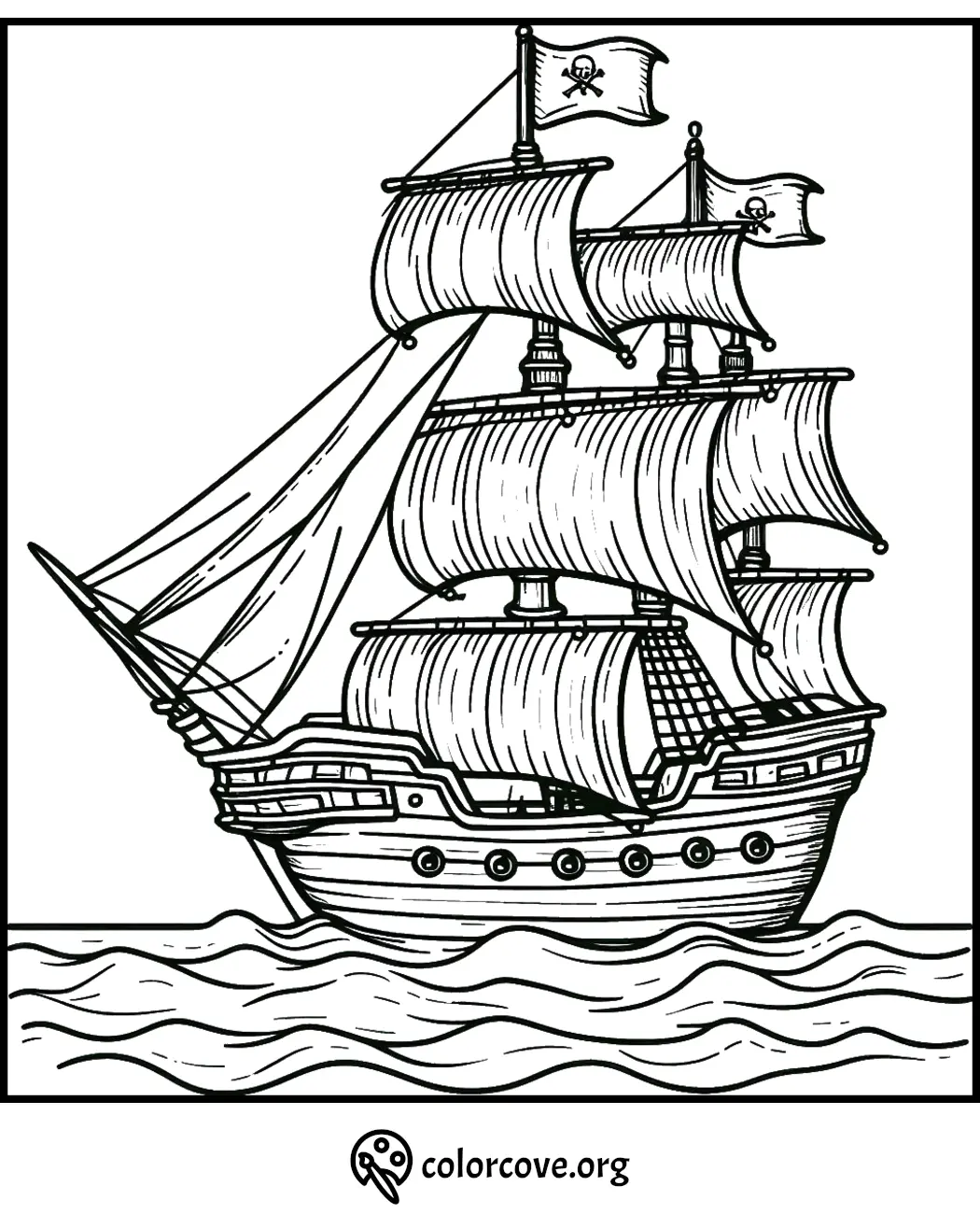 Pirate ship coloring page featuring detailed sails and flags with skull and crossbones on the open sea from colorcove.org.