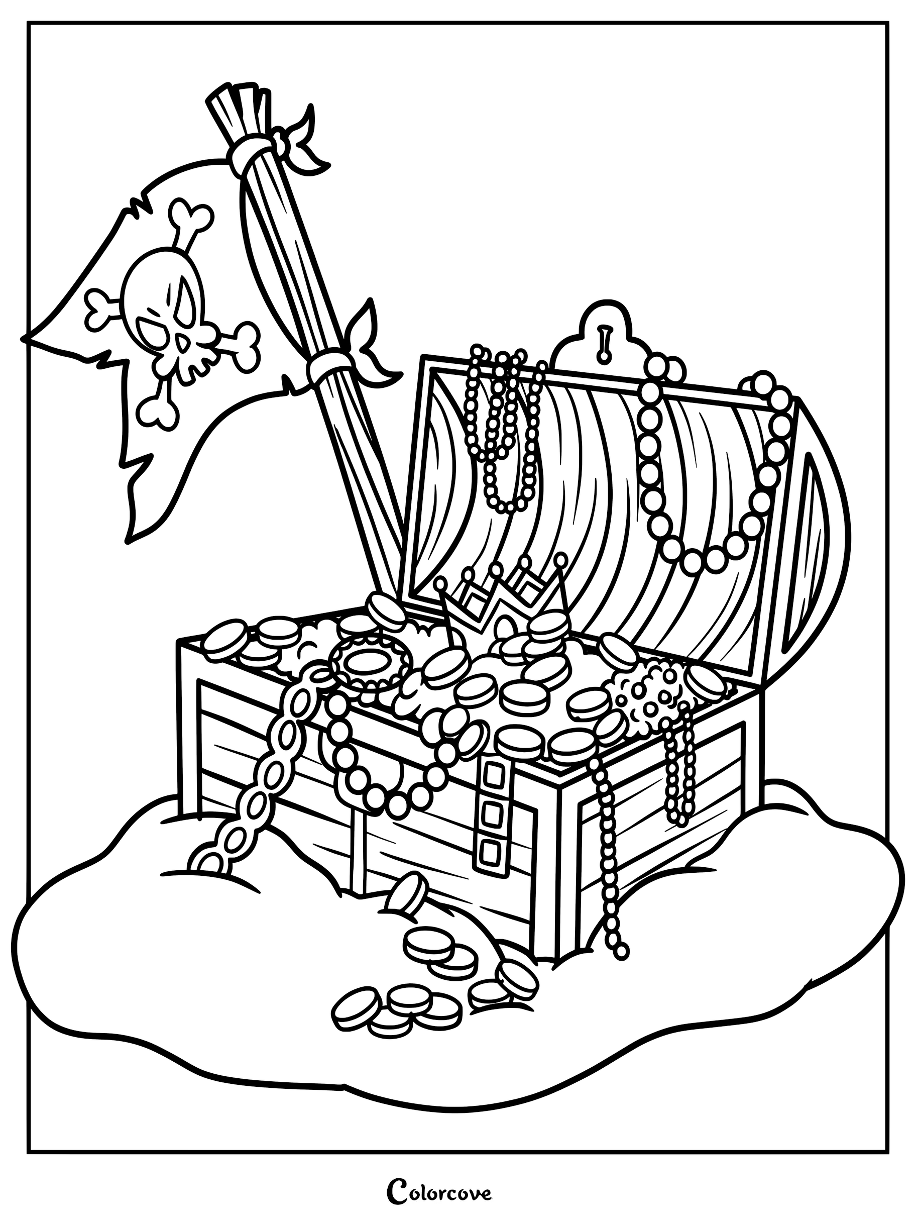 A pirate treasure chest overflowing with gold coins, pearls, and a crown, featuring a skull and crossbones flag, in a line art coloring page.