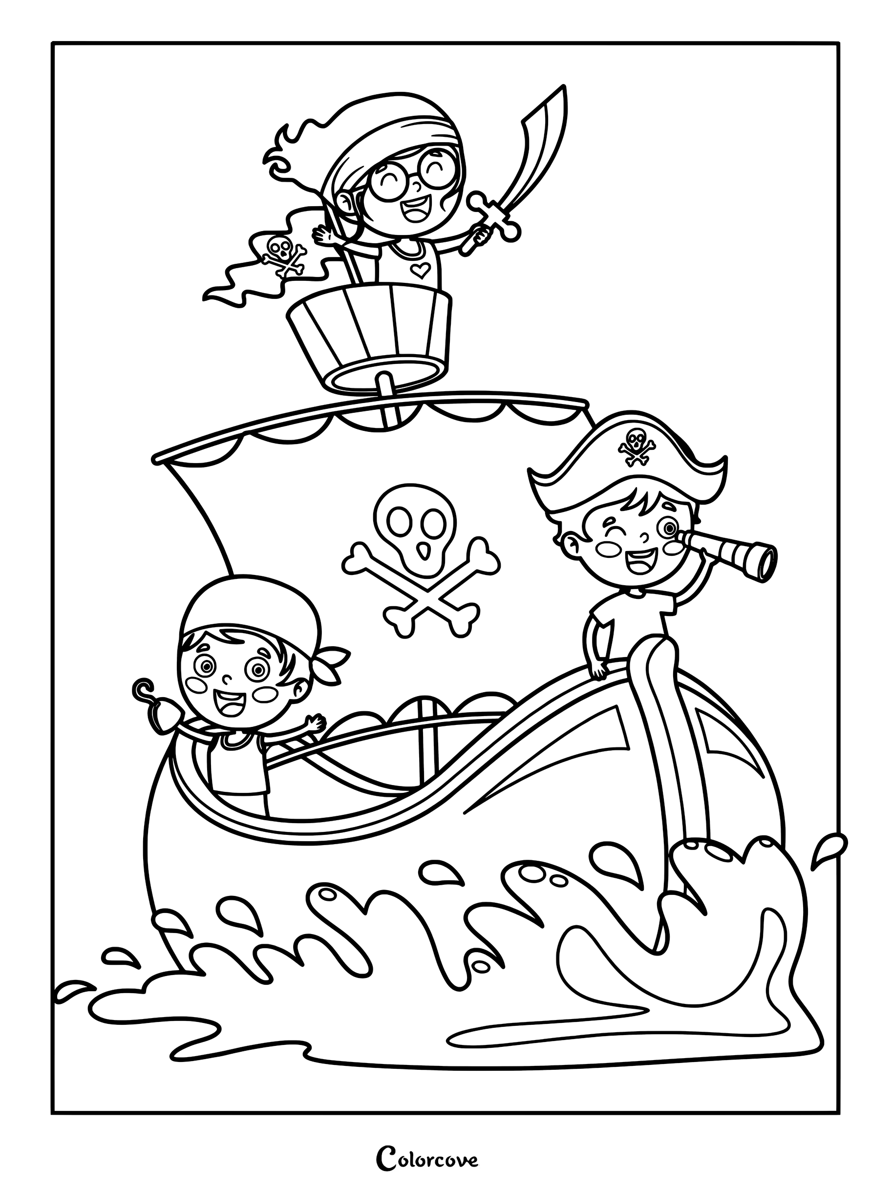 Three children dressed as pirates on a ship with a skull and crossbones flag, one in the crow's nest with a sword, one using a telescope, and one with a hook, in this printable coloring page.