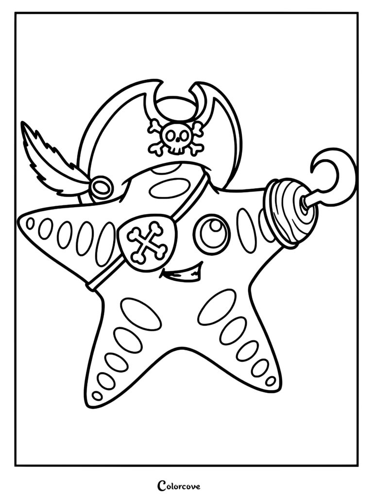 A cute starfish wearing a pirate hat with a skull and crossbones, an eye patch, and a hook hand in this printable coloring page.