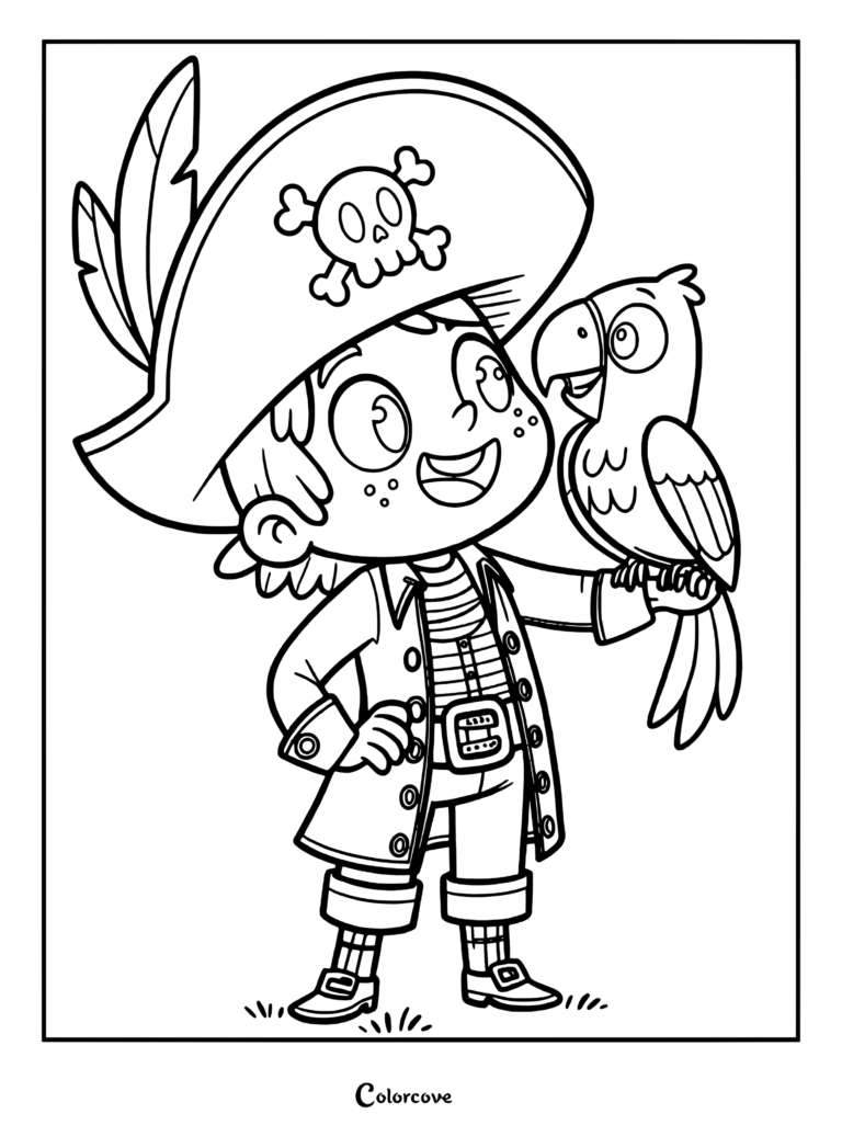 A young pirate boy wearing a skull and crossbones hat holding a pet parrot on his arm, printable coloring page.