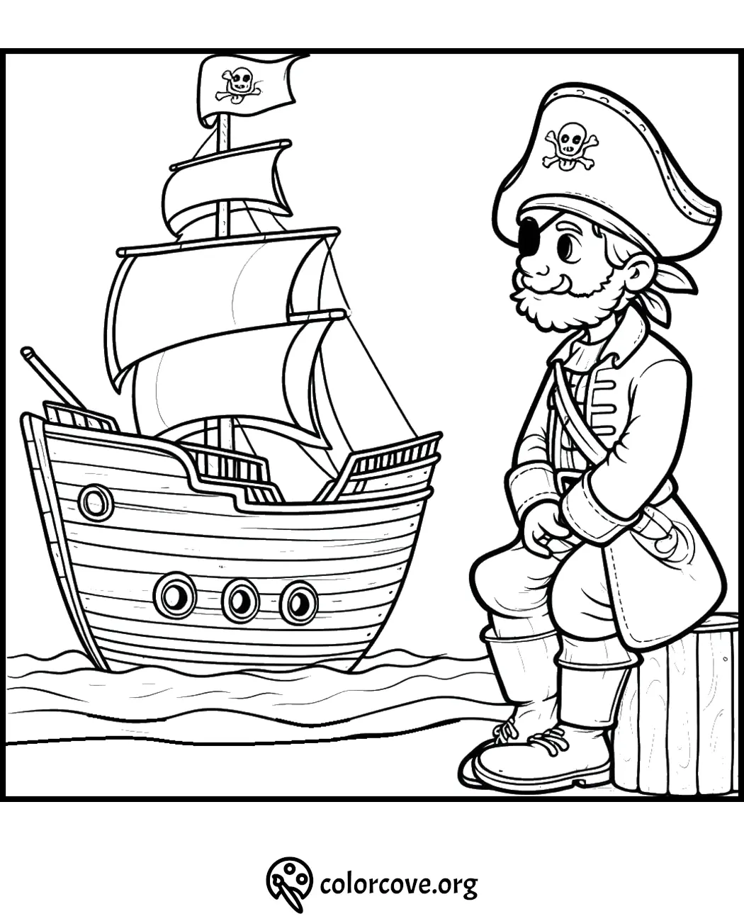 Coloring page depicting a cheerful pirate by a pirate ship. Fun activity for kids at ColorCove.org. #PirateColoring #KidsActivity