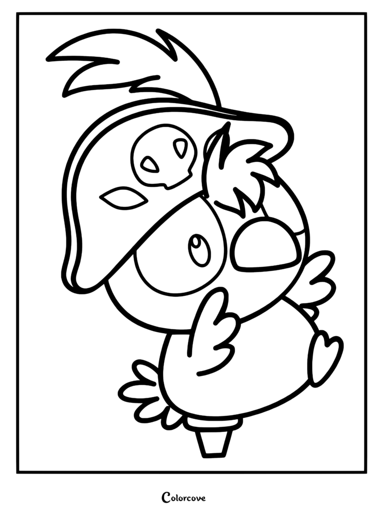 Rowlet wearing a pirate hat with a skull and crossbones emblem in this printable coloring page.