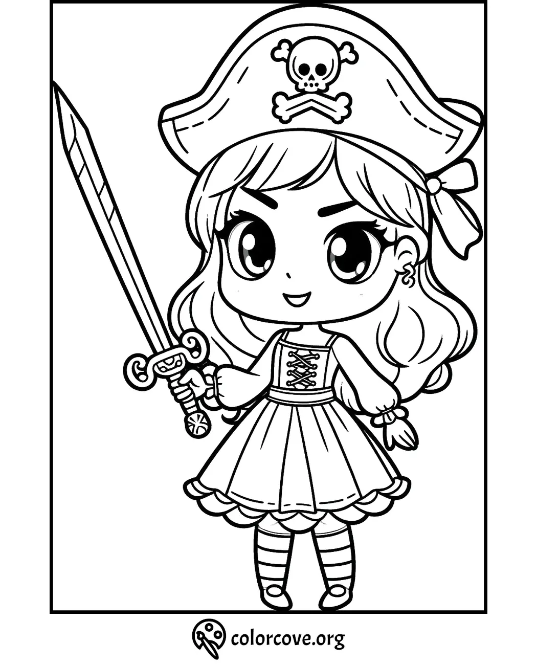 Pirate girl coloring page: cartoon pirate girl with a sword and hat. Fun kids activity. Download free at colorcove.org.