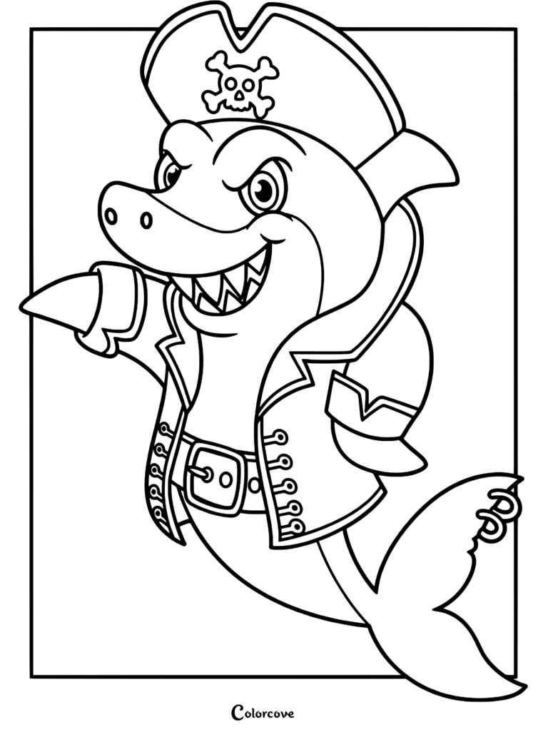 A cartoon shark wearing a pirate hat with a skull and crossbones and a captain's coat in this printable coloring page.