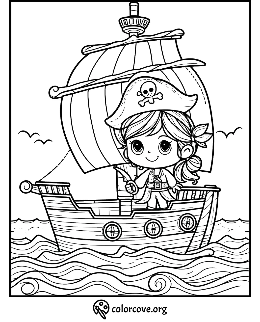 Pirate girl on a sailing ship coloring page for kids, featuring cartoon character with a pirate hat and waves in the background.