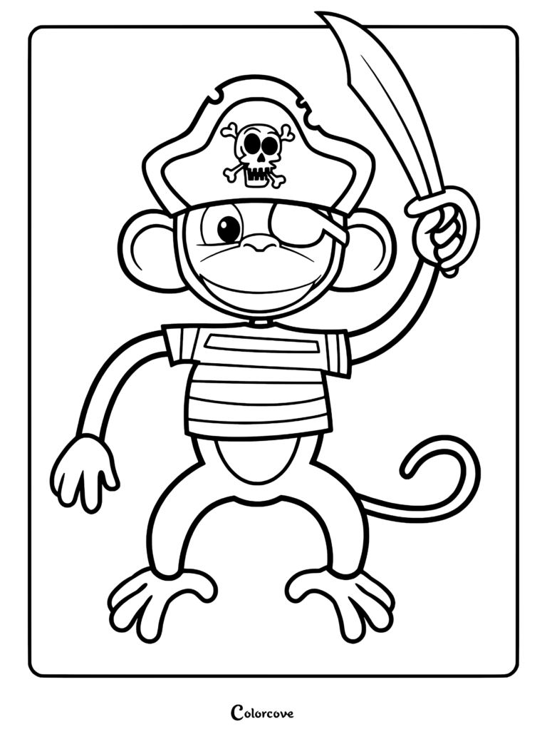 A cartoon pirate monkey wearing a skull and crossbones hat and an eye patch while holding a sword, featured in this printable coloring page.