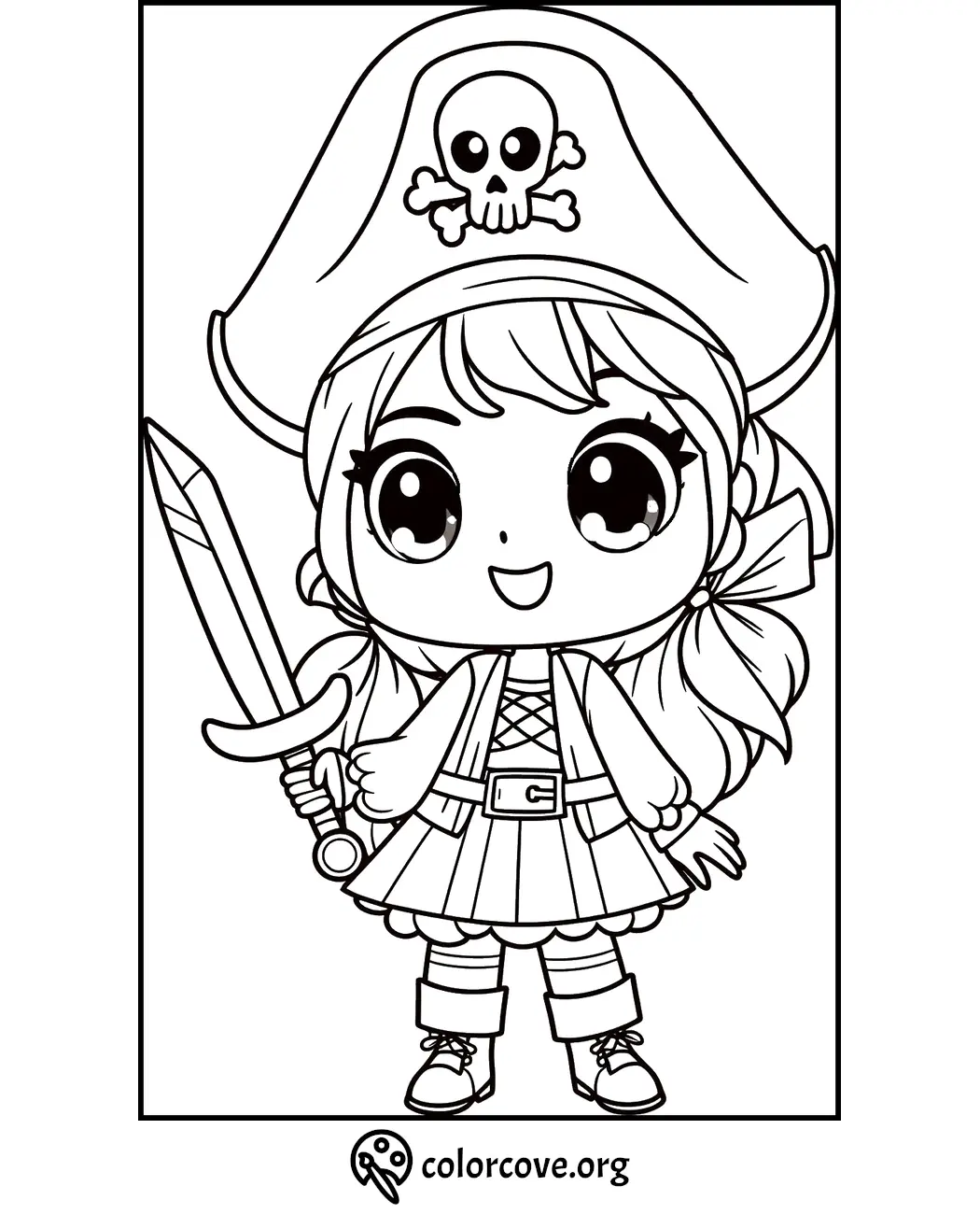 Kid-friendly pirate coloring page with a cute character in a big hat, holding a sword. Perfect for children’s activities.