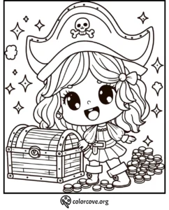 Cute pirate girl with treasure chest and coins coloring page. Perfect for kids' activities and creative fun.