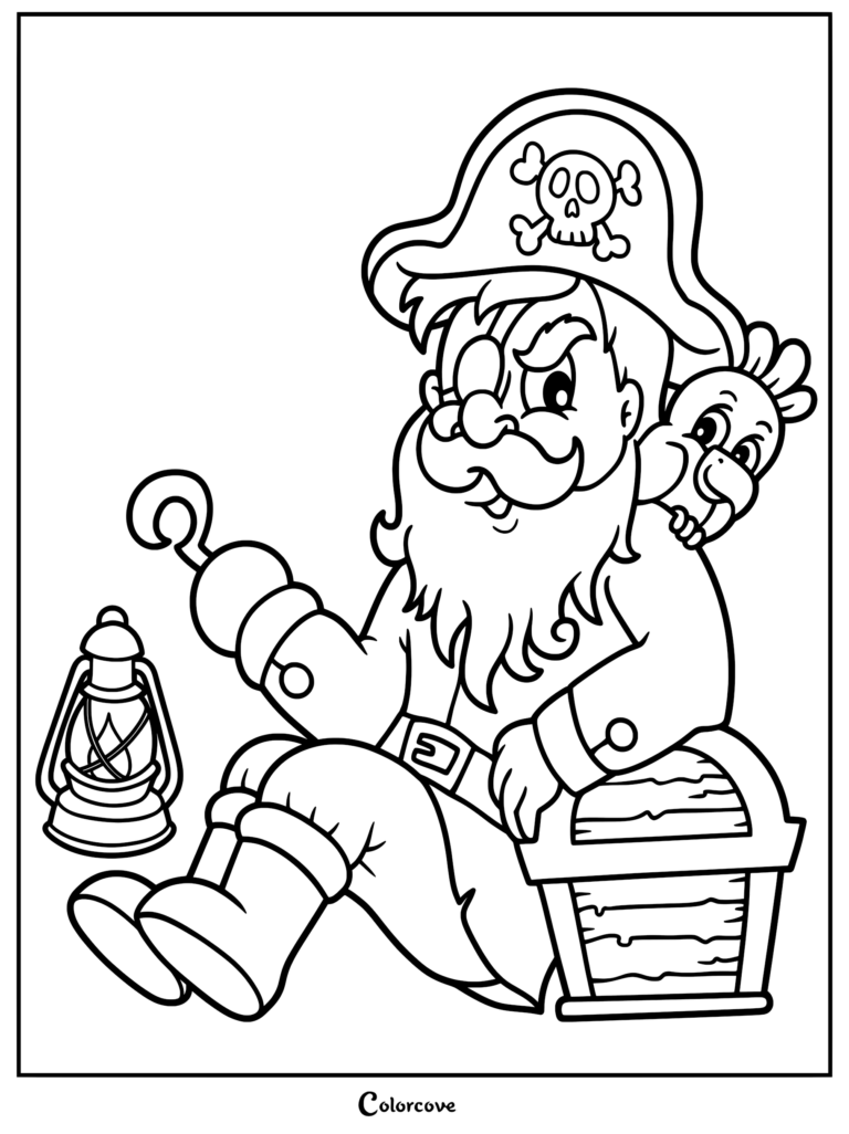 A pirate with a hook hand, eyepatch, and skull hat sitting on a treasure chest with a parrot on his shoulder, coloring page style.