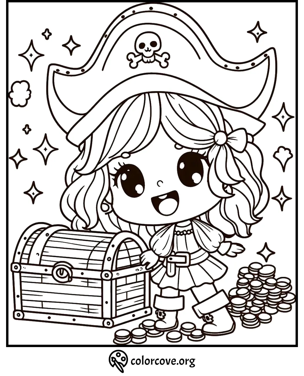 Cute pirate girl with treasure chest and coins coloring page. Perfect for kids' activities and creative fun.