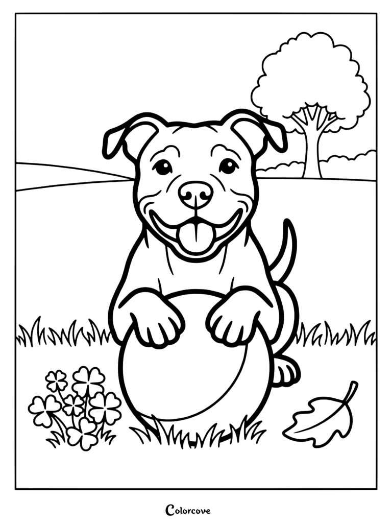 Pitbull coloring page featuring a happy dog playing with a ball in a park with clover and a tree