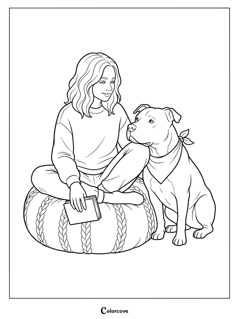 Printable coloring page of a girl holding a book next to her Pitbull wearing a bandana.