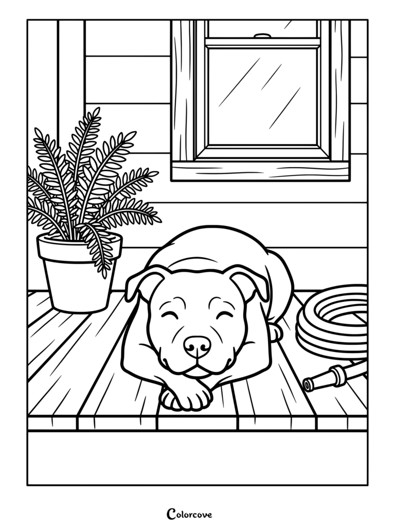 Pitbull coloring page featuring a happy dog resting its chin on paws on a wooden porch next to a potted plant.