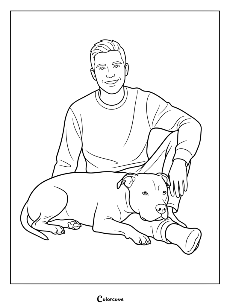 A friendly man sitting on the floor with his loyal Pitbull in a printable coloring page.
