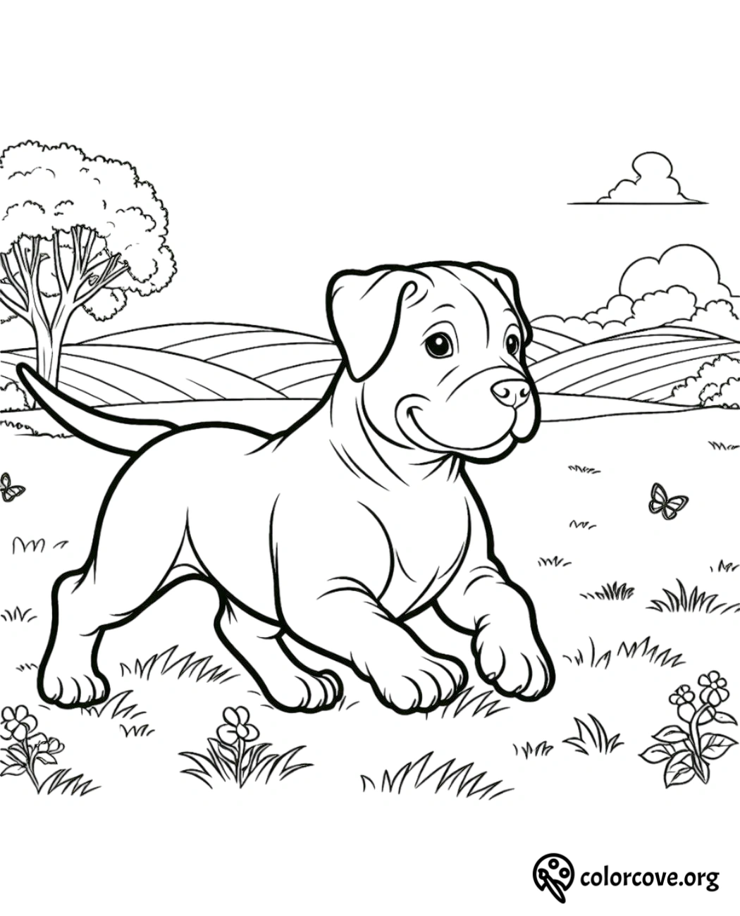 a black and white drawing of a dog running in a field