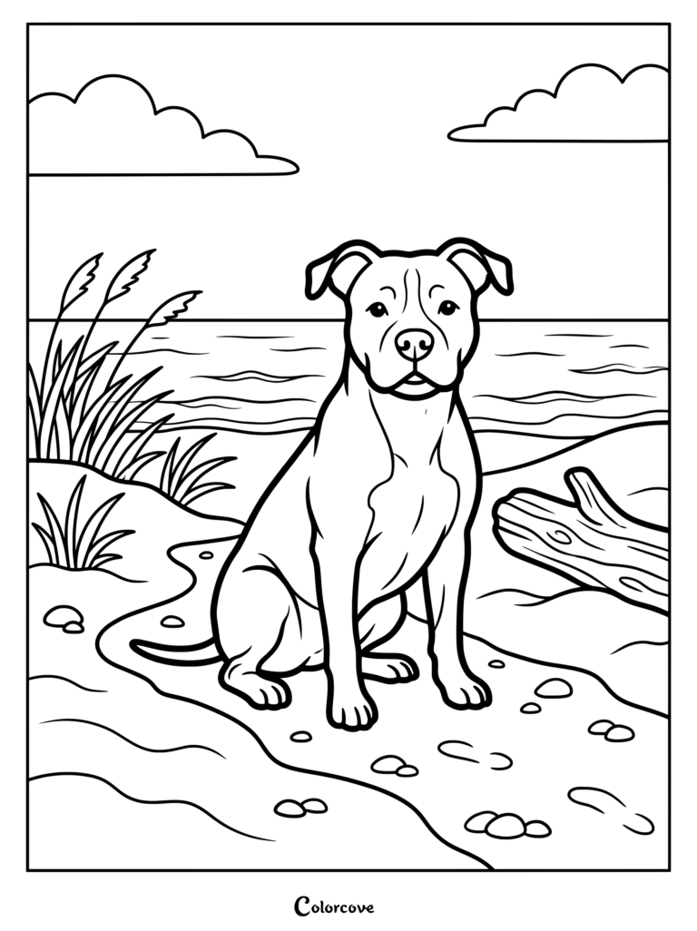 A friendly dog sitting on the sand near the ocean in a printable Pitbull coloring page.