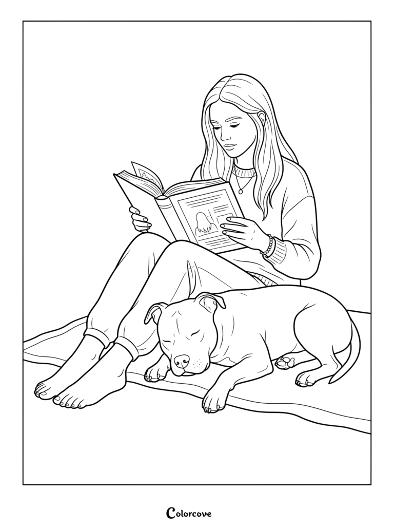 A young woman sitting on a blanket reading a book while a Pitbull sleeps peacefully next to her legs in this printable coloring page.