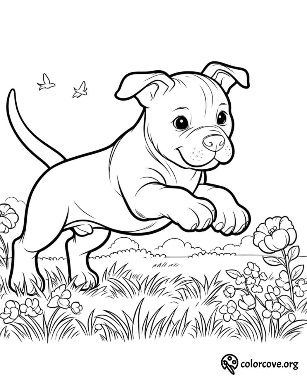 a dog jumping in a field of flowers