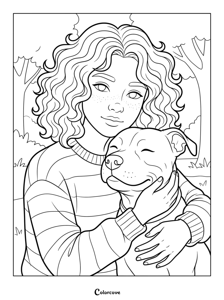 Printable coloring page of a young curly-haired girl hugging her happy Pitbull in a park.