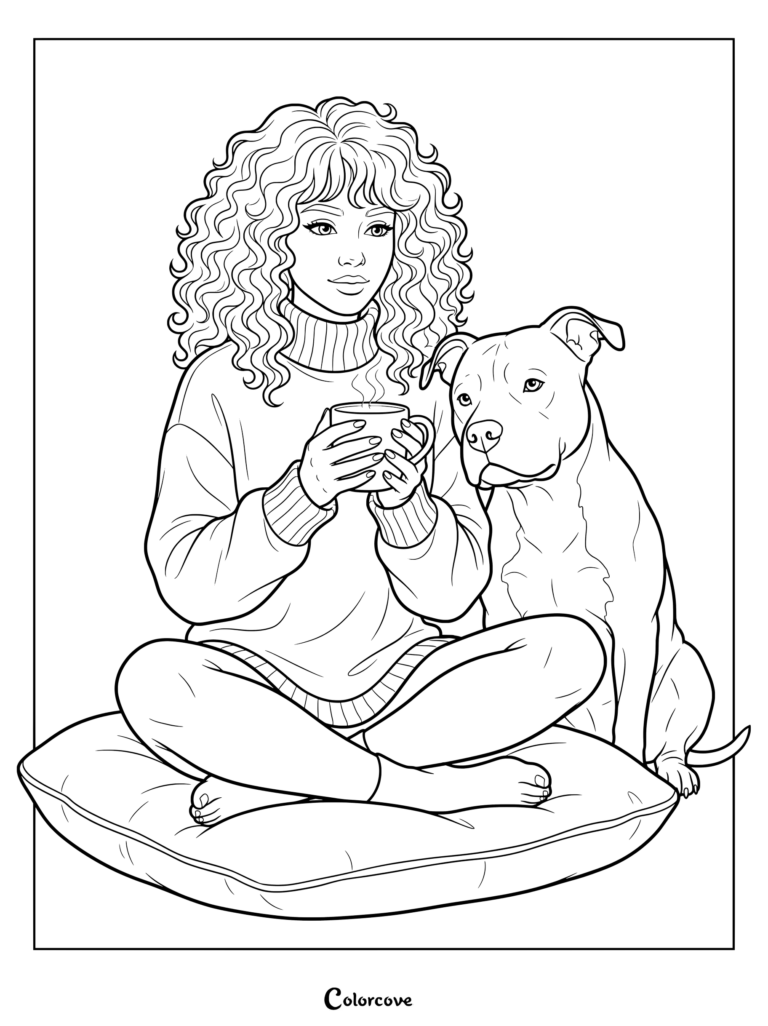 A woman with curly hair sitting on a cushion holding a steaming mug next to a loyal Pitbull in this detailed coloring page.