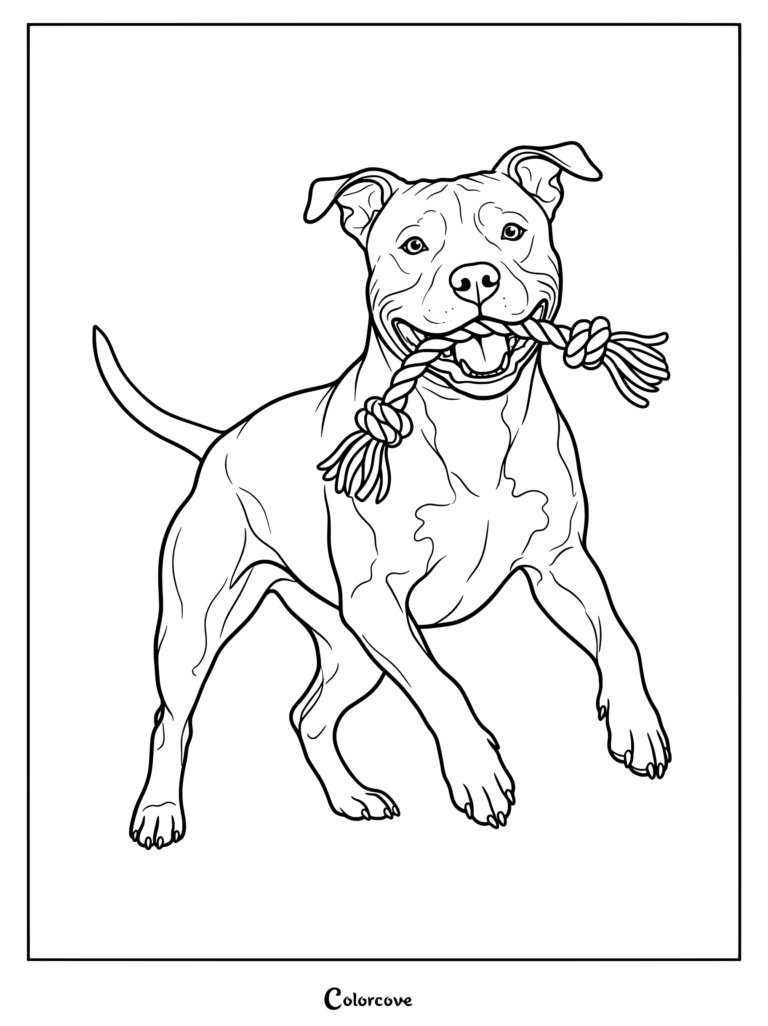 Pitbull coloring page featuring a happy dog holding a knotted rope toy in its mouth.