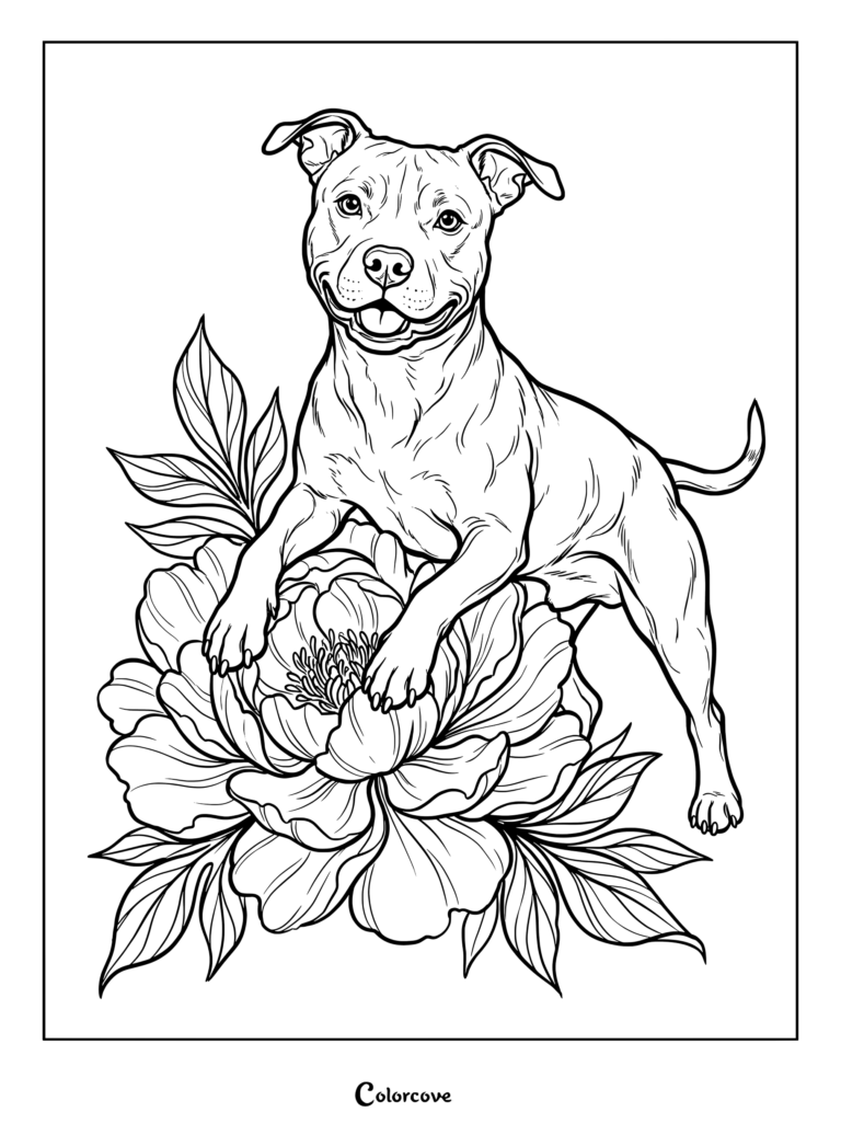 Pitbull coloring page featuring a happy dog standing with paws on a large peony flower.