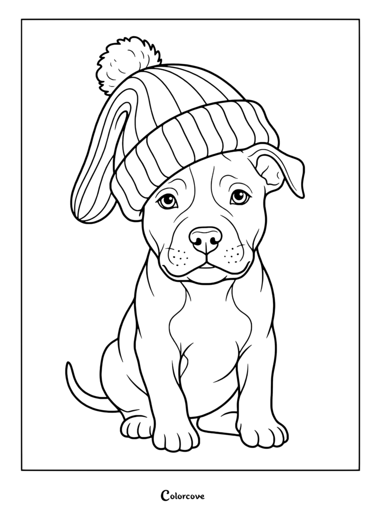 Pitbull puppy coloring page wearing a cozy winter beanie with a pom-pom.