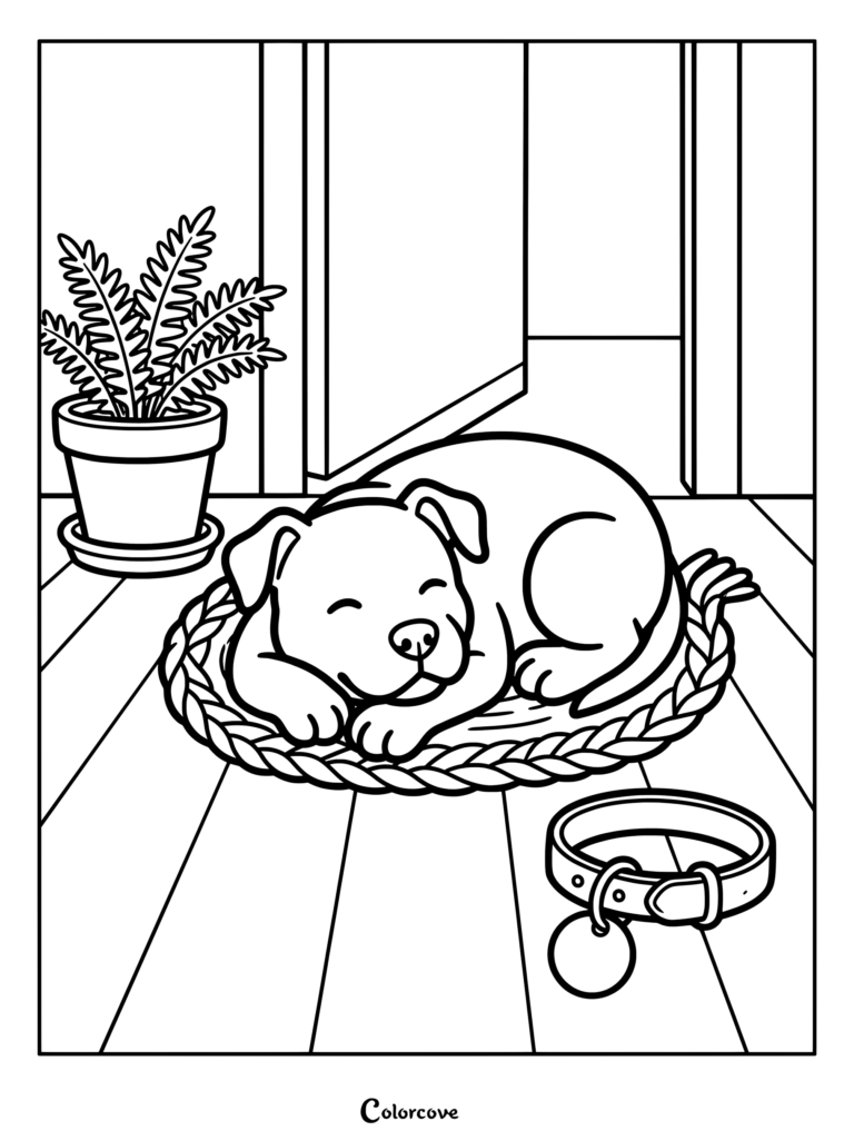Pitbull puppy sleeping peacefully on a round braided mat with a potted plant nearby.