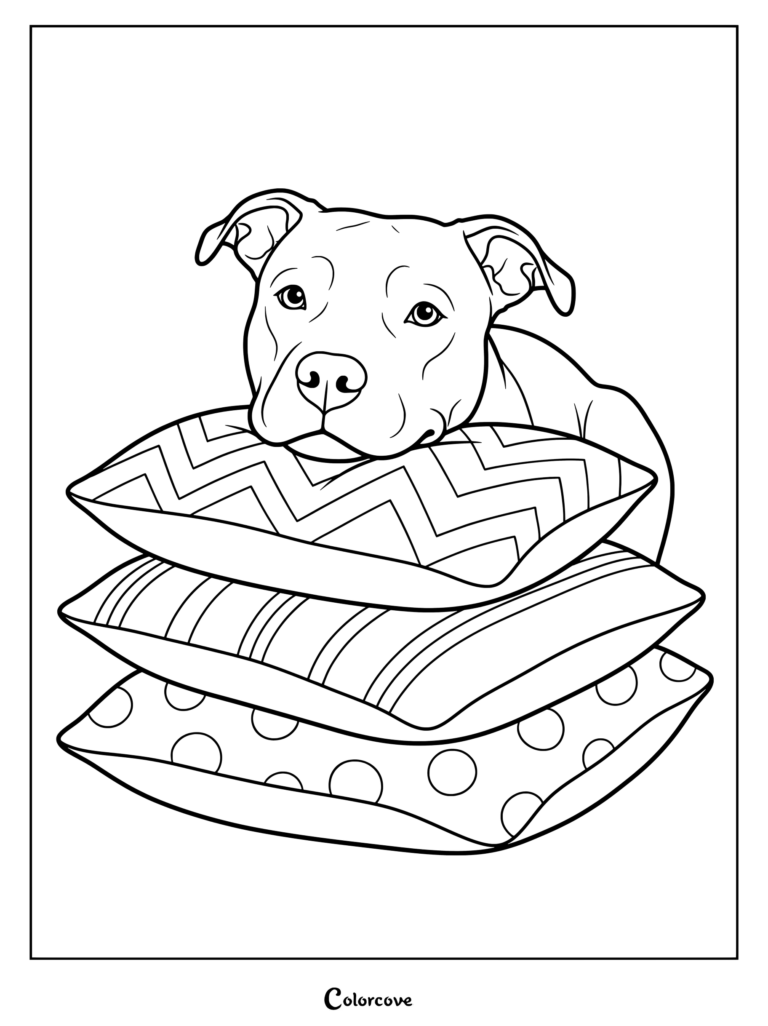 Pitbull resting its chin on a stack of patterned pillows coloring page.